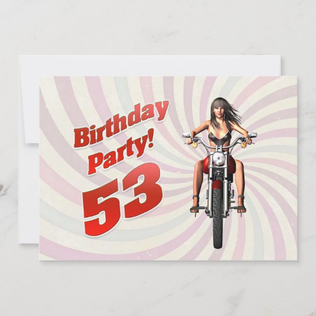53:e födelsedagsfesten med en tjej på motorcykel inbjudningar (Framsida)