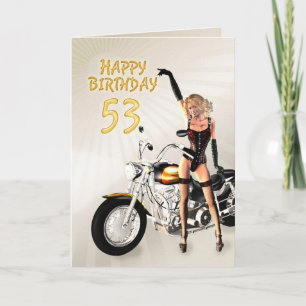 53:e födelsedagskort med motorcykelflicka kort