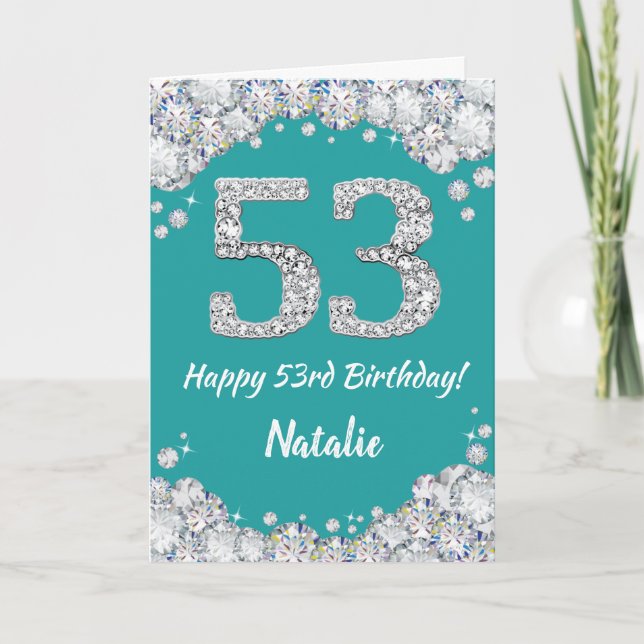 53:e födelsedagskortet Lycklig och Silver Glitter Kort (Framsida)