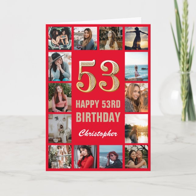 53:e Grattis på födelsedagen Red and Guld Photo Co Kort (Framsida)
