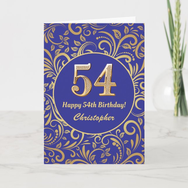 54-årsdag Navyblå och guld blommönster Kort (Framsida)