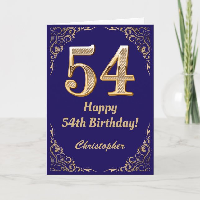54:e födelsedag Blått och Guld Glitter Ram Kort (Framsida)