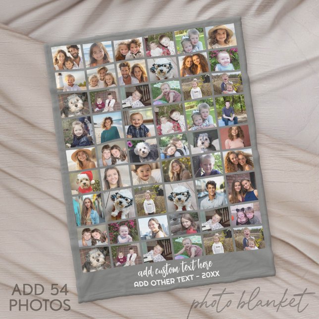 54 Fotokollisionsrutnät - Anpassad text - Vit Fleecefilt (Custom Fleece Blanket with Photo Collage)