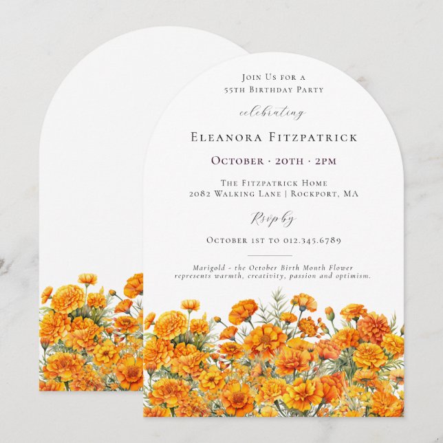 55-års födelsedag Marigold Oktober Födelsedagsblom Inbjudningar (Fram/baksida)