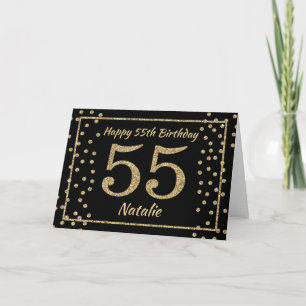 55-års födelsedags svart och guld glitterkonfettik kort