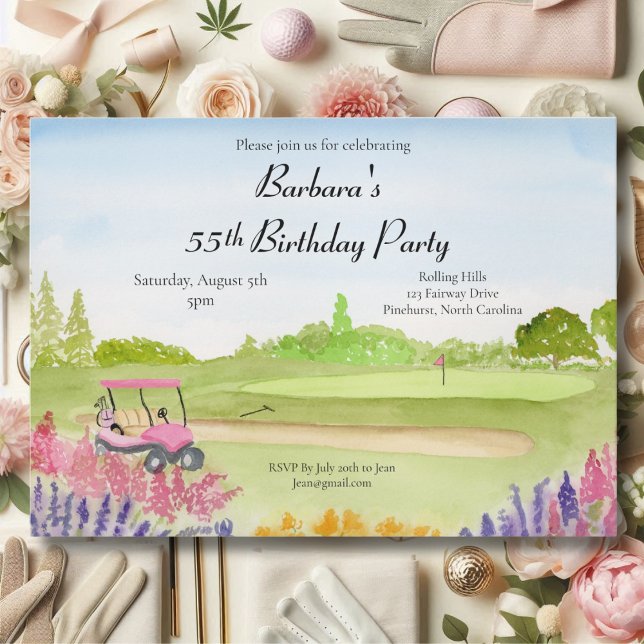 55-årsfest Fint rosa golfvagn golfbana Inbjudningar (Skapare uppladdad)