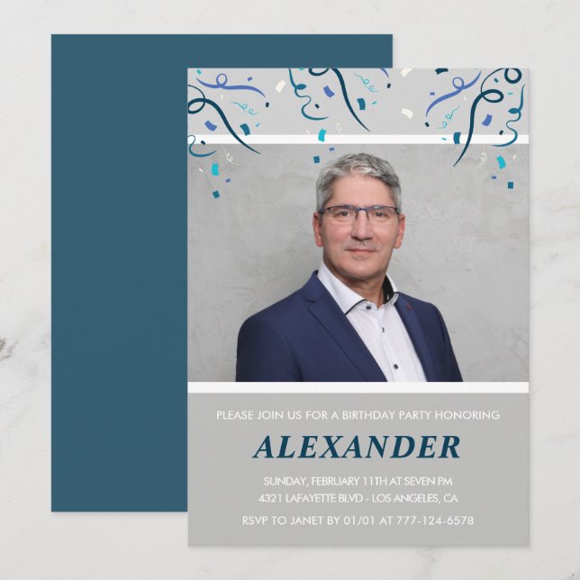 55-årsinbjudningar Manar Konfetti Photo Blue Inbjudningar (Fram/baksida)