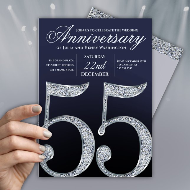 55-årsjubileum Diamant Silver Marinblå Modern Inbjudningar (Skapare uppladdad)