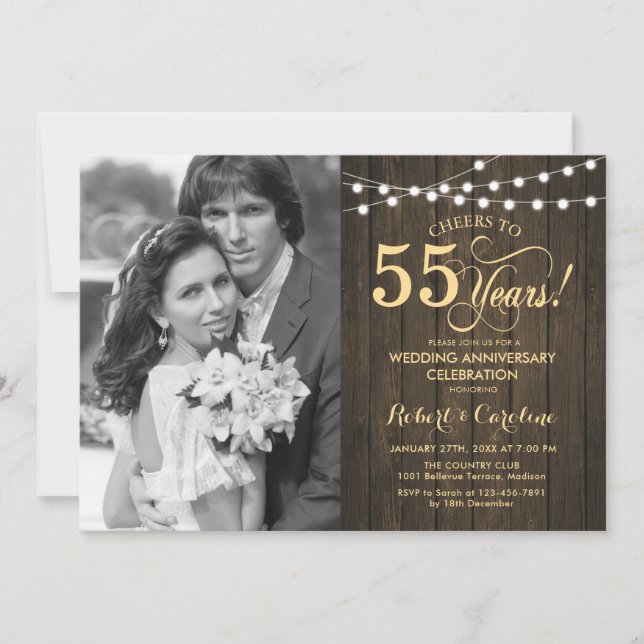 55-årsjubileum med foto - Rustikt trä guld Inbjudningar (Framsida)