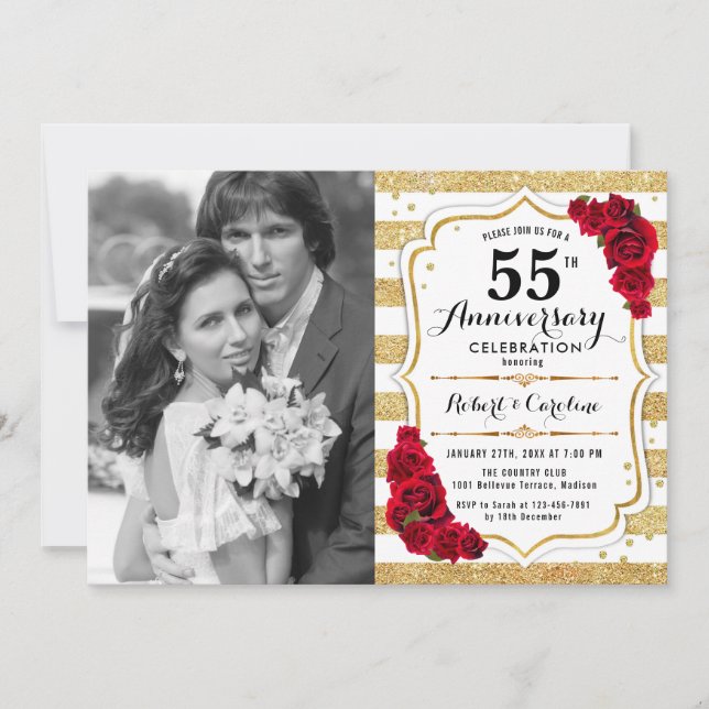 55-årsjubileum med Photo - Guld White Red Inbjudningar (Framsida)