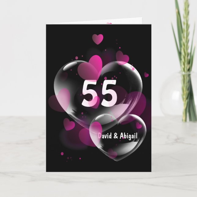 55-årsjubileum Rosa Heart Bubbles on Black Kort (Framsida)