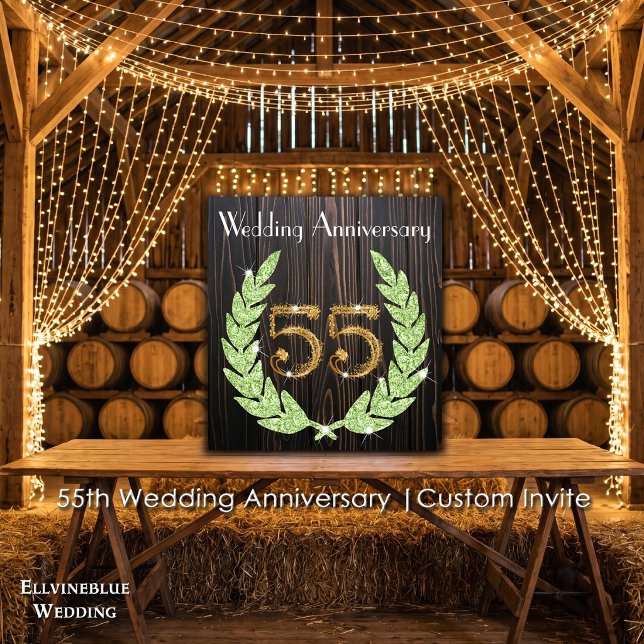 55-årsjubileum | Smaragd, rustik trä & guld Inbjudningar (55th Wedding Anniversary Invite | Rustic Wood & Emerald Laurel. Size: 5.25” x 5.25”)
