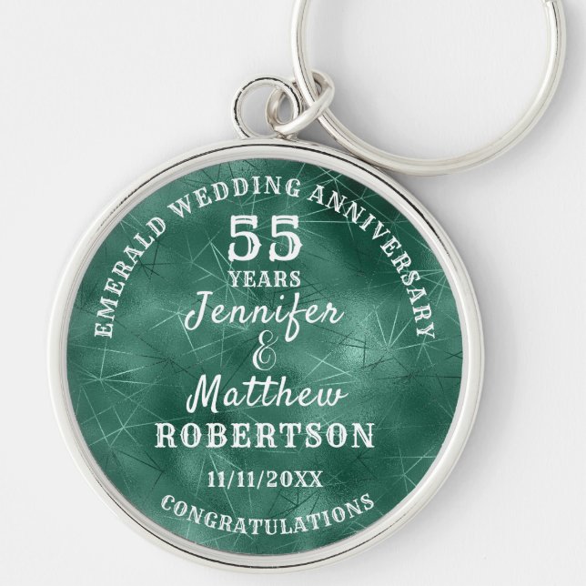 55:e BRÖLLOP ANNIVERSARY Emerald Bröllop Editable Rund Silverfärgad Nyckelring (Framsidan)