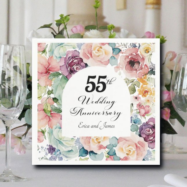 55:e Bröllop-årsdagen Elegant Script-Blommigt Pappersservett (Skapare uppladdad)