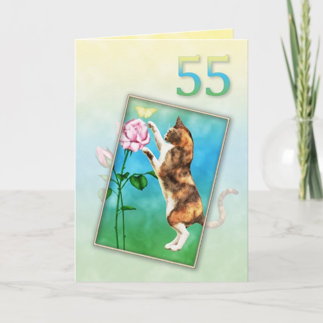 55:e födelsedagen med lekfull katt kort (Framsida)