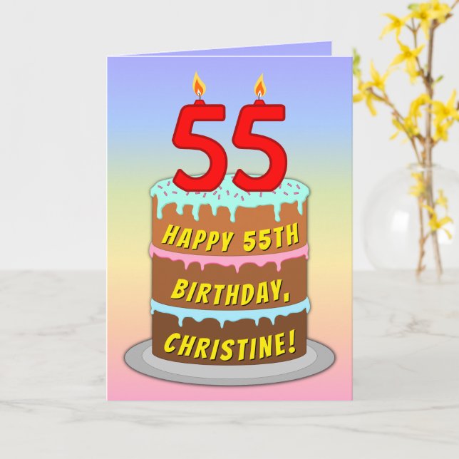 55:e födelsedagen - Roligt Cake & Candles, med ege Kort (Gul blomma)