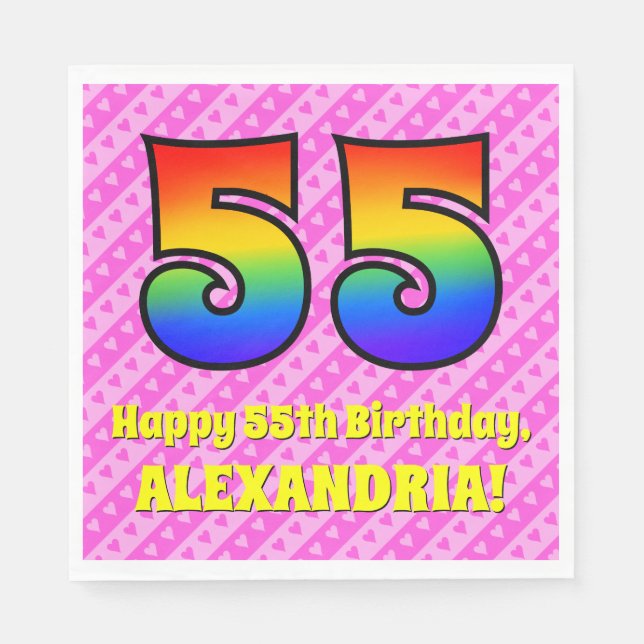 55:e födelsedagen: Rosa Rand & Hearts, regnbåge nr Pappersservett (Framsidan)