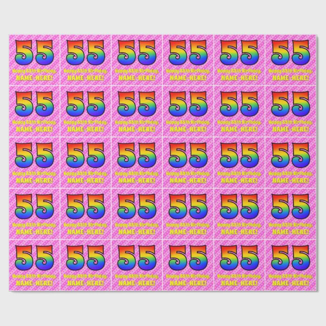 55:e födelsedagen: Rosa Rand & Hearts, regnbåge nr Presentpapper (Platt)