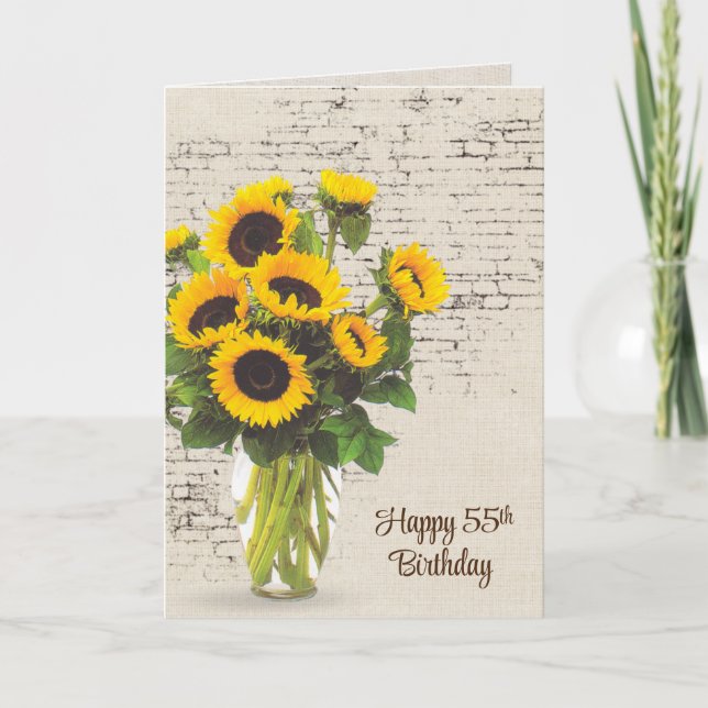 55:e födelsedagen: Solrosblomma Bouquet på brick Kort (Framsida)