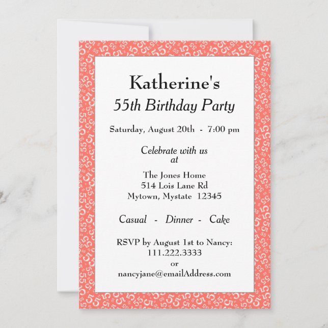 55:e Födelsedagsfesten, koral/vitt nummer Mönster Inbjudningar (Framsida)