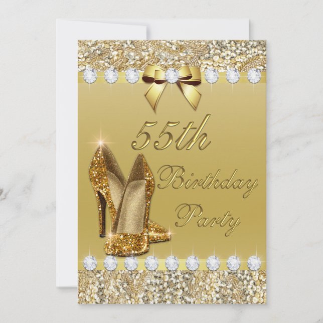55:e födelsedagsklassen Guld Heels Sequins Diamond Inbjudningar (Framsida)
