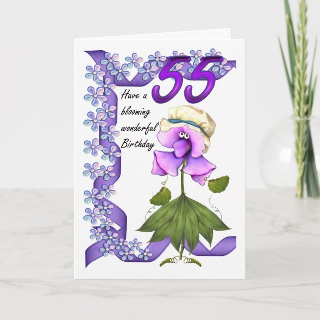 55:e födelsedagskortet med söta moonies-blommor, kort (Framsida)