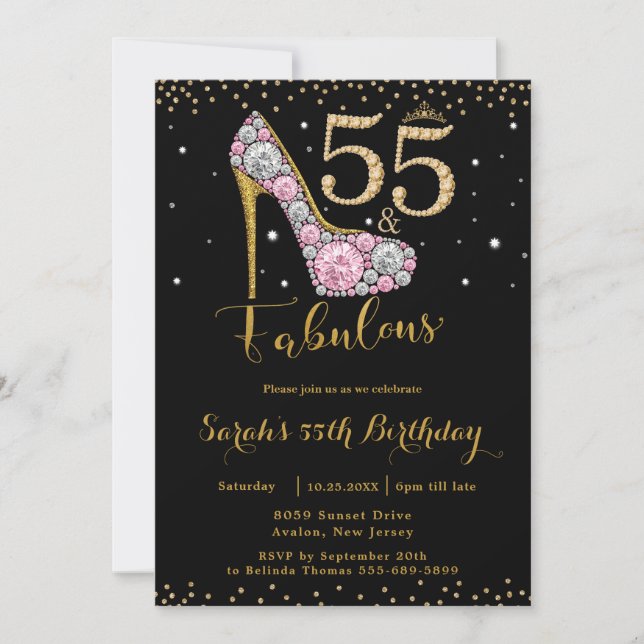 55 och Fabulous High Heel Diamonds 55:e födelsedag Inbjudningar (Framsida)