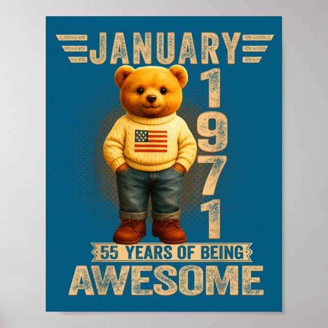 55 Year Old January 1971 Teddy Bear 55th Birthday  Poster (Framsidan)
