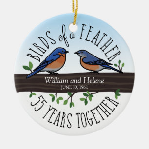 55th Bröllopsdag bluebirds av en fjäder Julgransprydnad Keramik