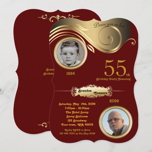55th födelsedagmanålder, art déco, Bordeaux guld Inbjudningar (Fram/baksida)