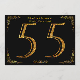 55th Födelsedagsfest Gatsby styl, svart guld- Inbjudningar