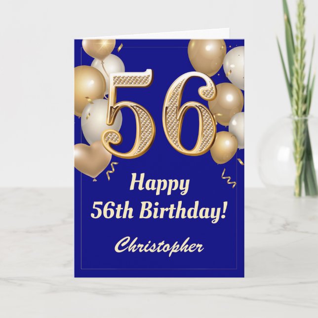 56:e födelsedag Blått och Guld-ballonger Konfetti Kort (Framsida)