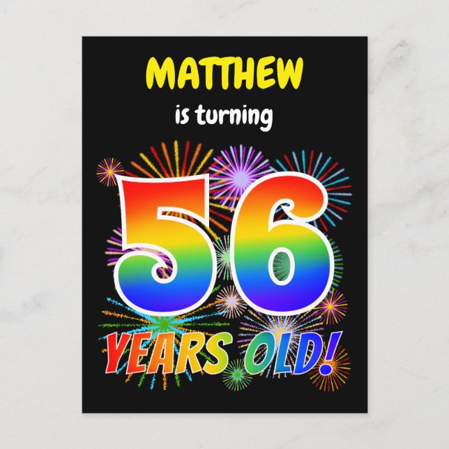 56:e födelsedagen - Roligt Fireworks, regnbåge "56 Vykort (Framsida)