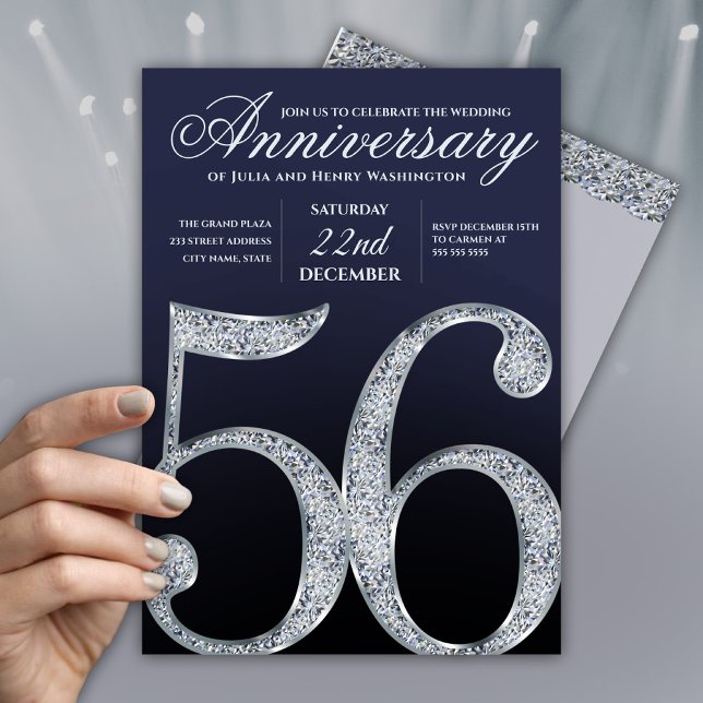 56th Anniversary Diamond Silver Navy Blue Modern Inbjudningar (Skapare uppladdad)
