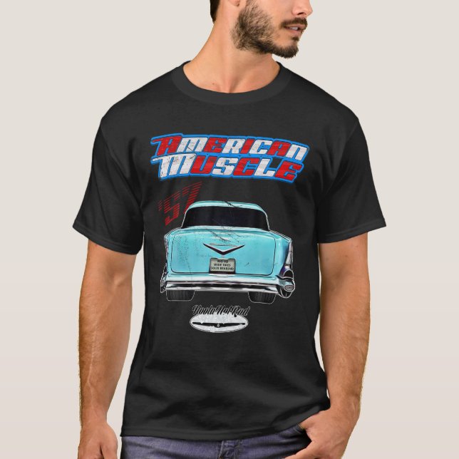 57 1957 Belair Bel Luft American Muscle Car Hotrod T Shirt (Framsida)