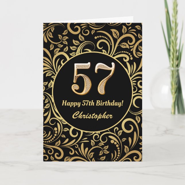 57:e födelsedag Svarta och Guld-Blommönstret Kort (Framsida)