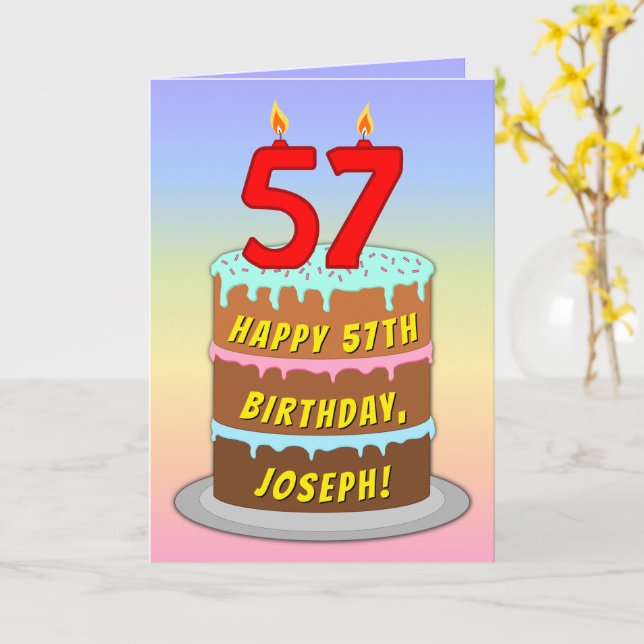 57:e födelsedagen - Roligt Cake & Candles, med ege Kort (Gul blomma)