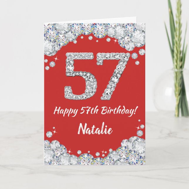 57:e födelsedagskortet Lycklig Red och Silver Glit Kort (Framsida)