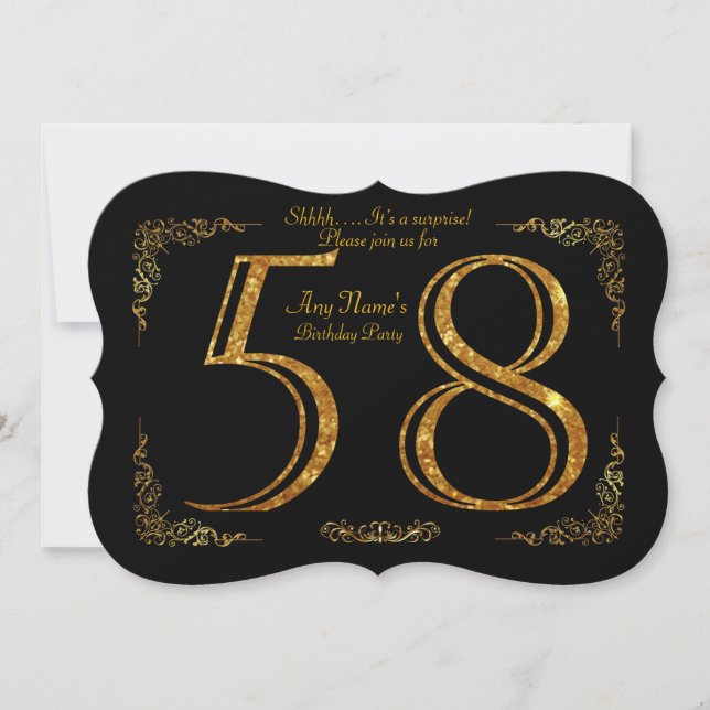 58-års födelsedagsfest 58:e, stor Gatsby, svart &  Inbjudningar (Framsida)