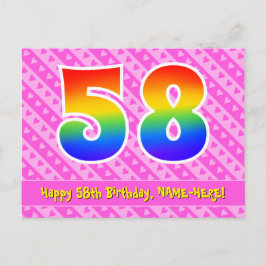 58-årsdag: Rosa ränder & hjärtan, regnbåge 58 Vykort