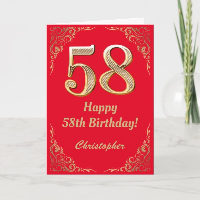 58:e födelsedag Röda och Guld Glitter Ram Kort (Framsida)