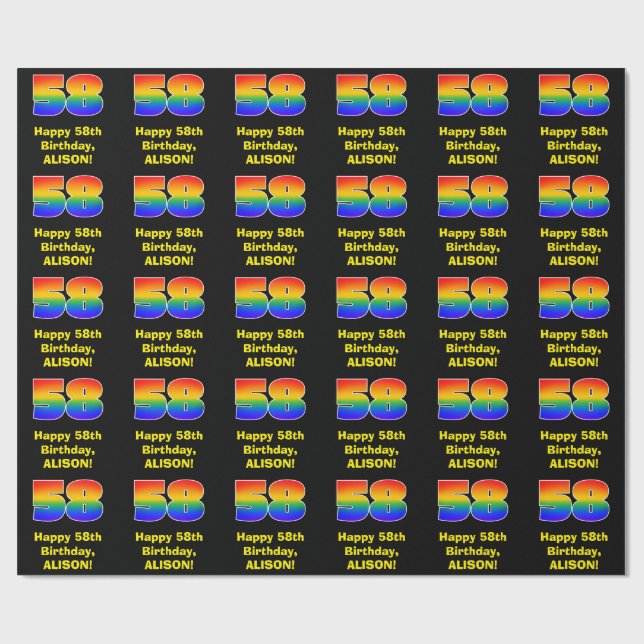 58:e födelsedag: Roligt, färgstark regnbåge inspir Presentpapper (Platt)