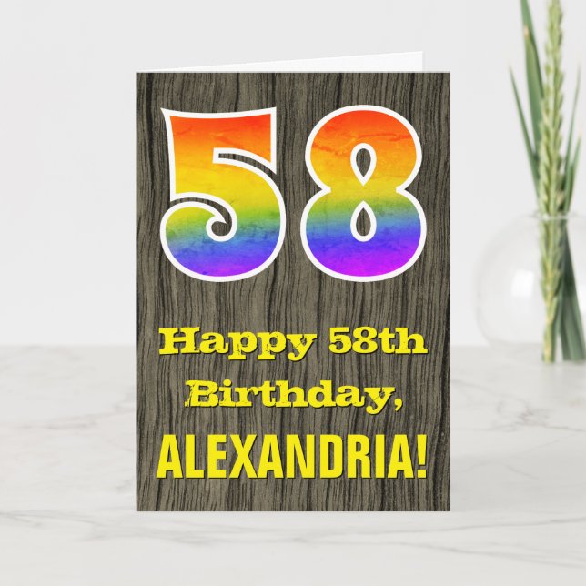 58:e födelsedagen: Rustic Faux Wood look, Rainbow  Kort (Framsida)
