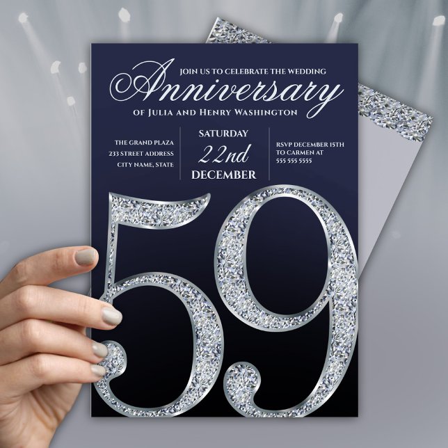 59-årsjubileum Diamant Silver Marinblå Modern Inbjudningar (Skapare uppladdad)