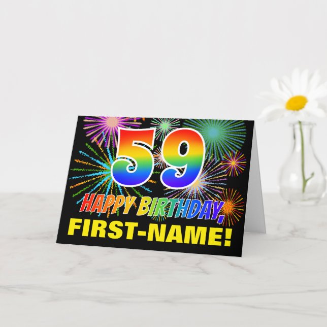 59:e födelsedagen: Fet, Roligt, Fireworks, Regnbåg Kort (Liten växt)