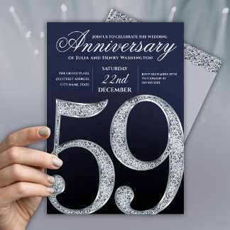 59th Anniversary Diamond Silver Navy Blue Modern Inbjudningar