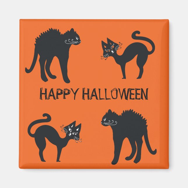 5,1 cm fyrkantig magnet Glad Halloween Svarta Katt (Framsidan)