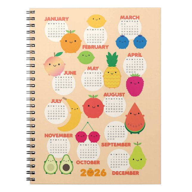 5 A Day Kawaii Fruits 2026 Calendar Anteckningsbok (Framsidan)