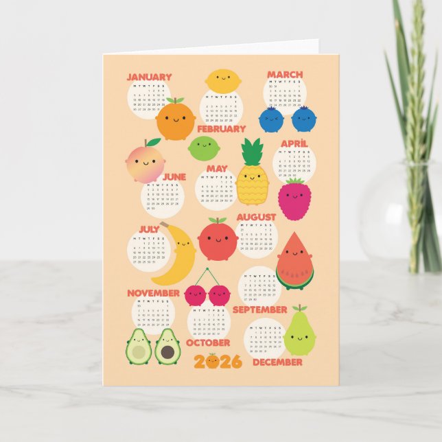 5 A Day Kawaii Fruits 2026 Calendar Kort (Framsida)