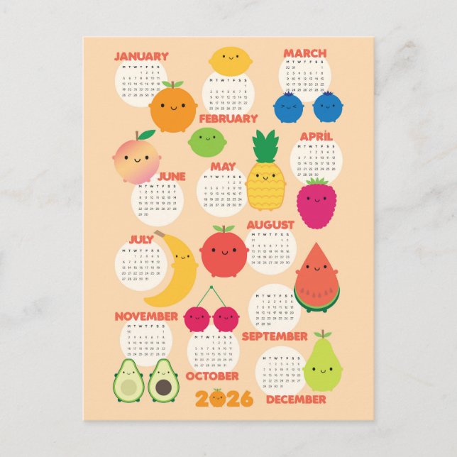 5 A Day Kawaii Fruits 2026 Calendar Vykort (Framsida)
